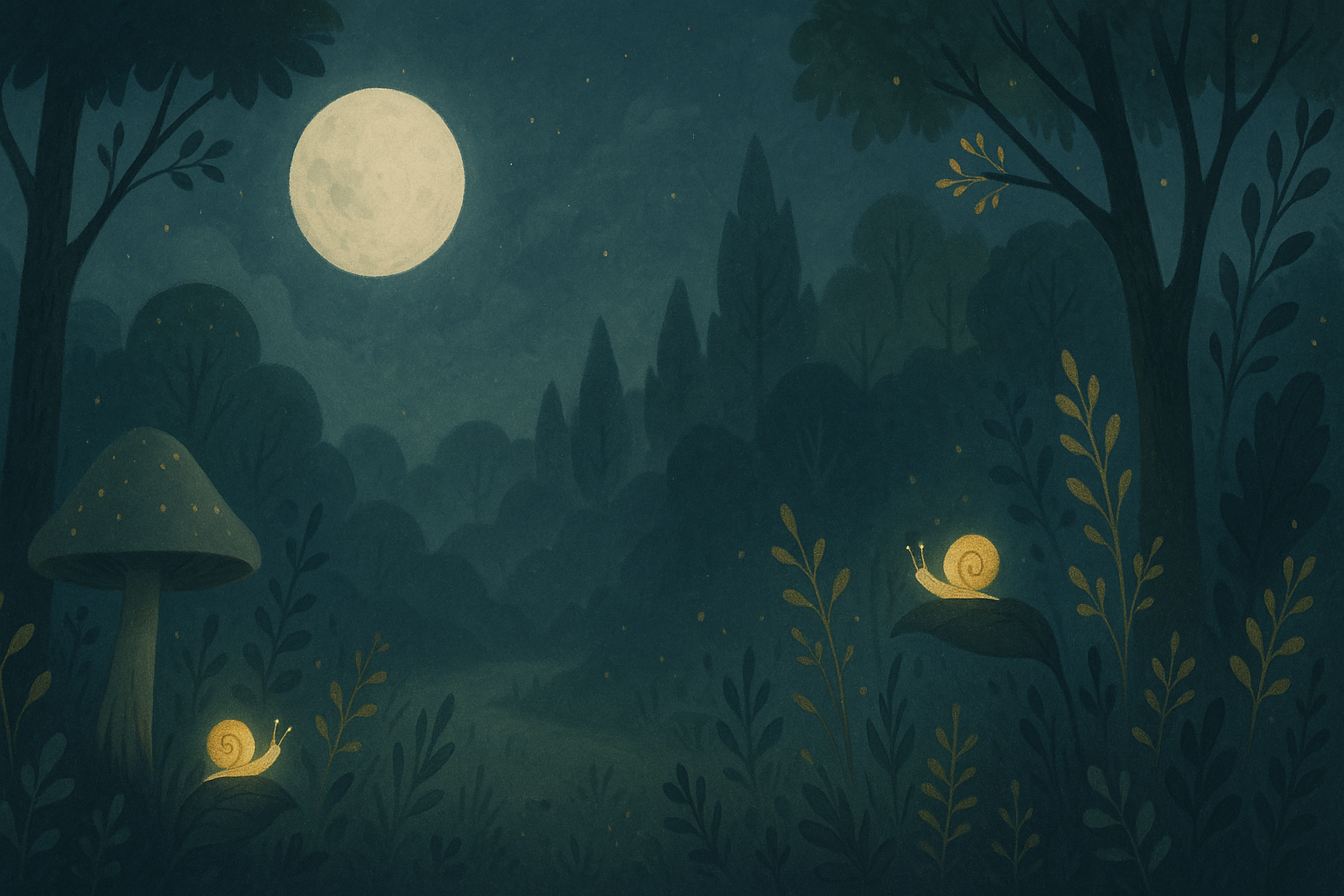 Horizontal Shopify header banner, whimsical magical forest scene, deep blue, muted green, gold accents, soft moonlight, subtle foliage, tiny glowing snails, ethereal fairy-tale atmosphere, minimal and clean, not cluttered, website-friendly."